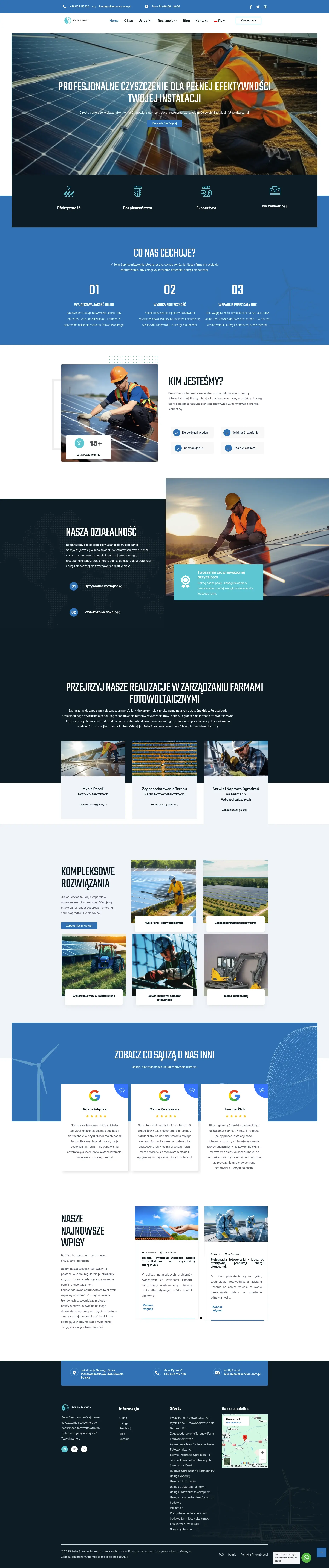 Screenshot strony internetowej Solar Service - profesjonalna firma zajmująca się serwisem farm fotowoltaicznych, czyszczeniem paneli PV, utrzymaniem terenów i infrastruktury instalacji słonecznych