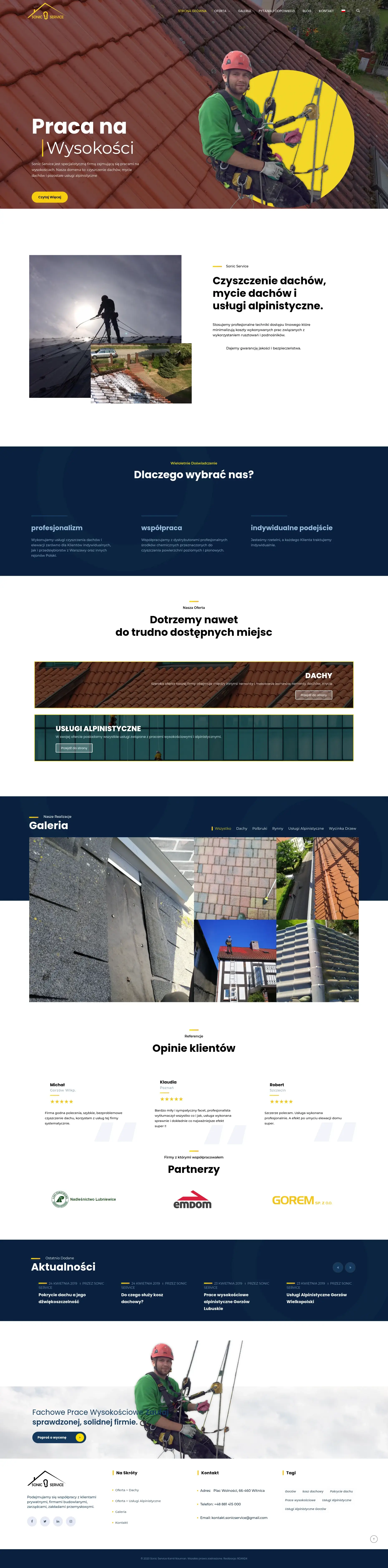 Screenshot strony internetowej Sonic Service - specjalistyczna firma z Gorzowa zajmująca się czyszczeniem dachów, myciem elewacji i usługami alpinistycznymi z profesjonalnymi technikami dostępu linowego