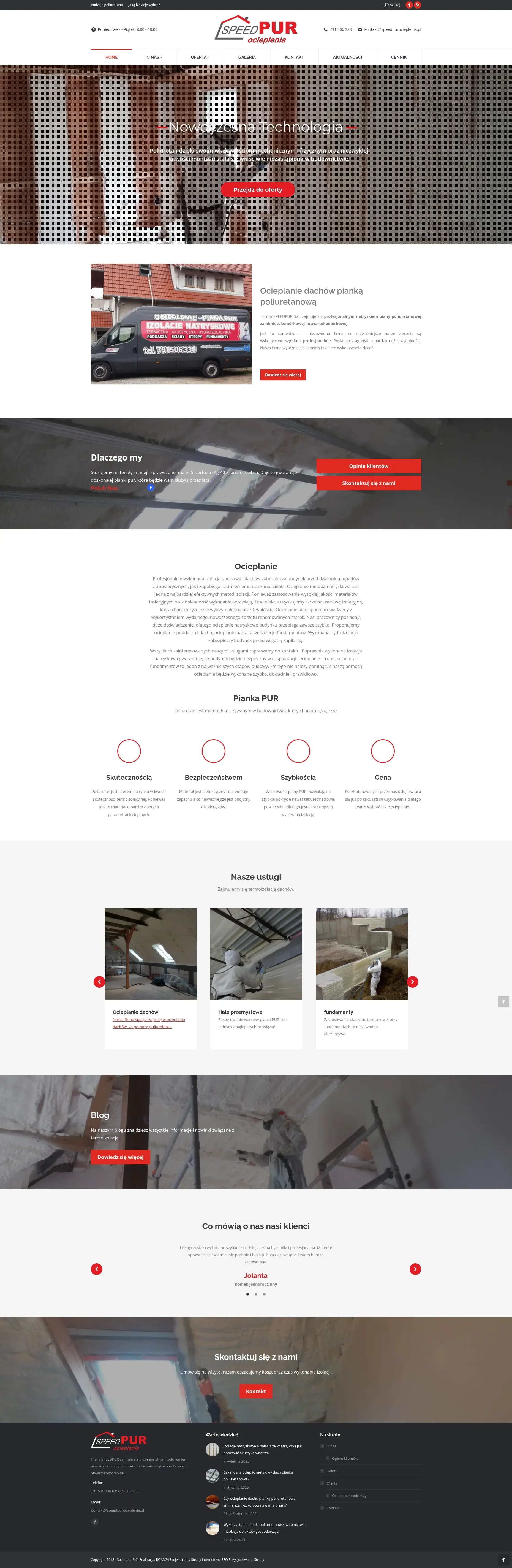 Screenshot strony internetowej SPEEDPUR - profesjonalna firma zajmująca się natryskiwaniem piany poliuretanowej zamkniętokomórkowej i otwartokomórkowej, ociepleniami budynków z agregatem wysokiej wydajności