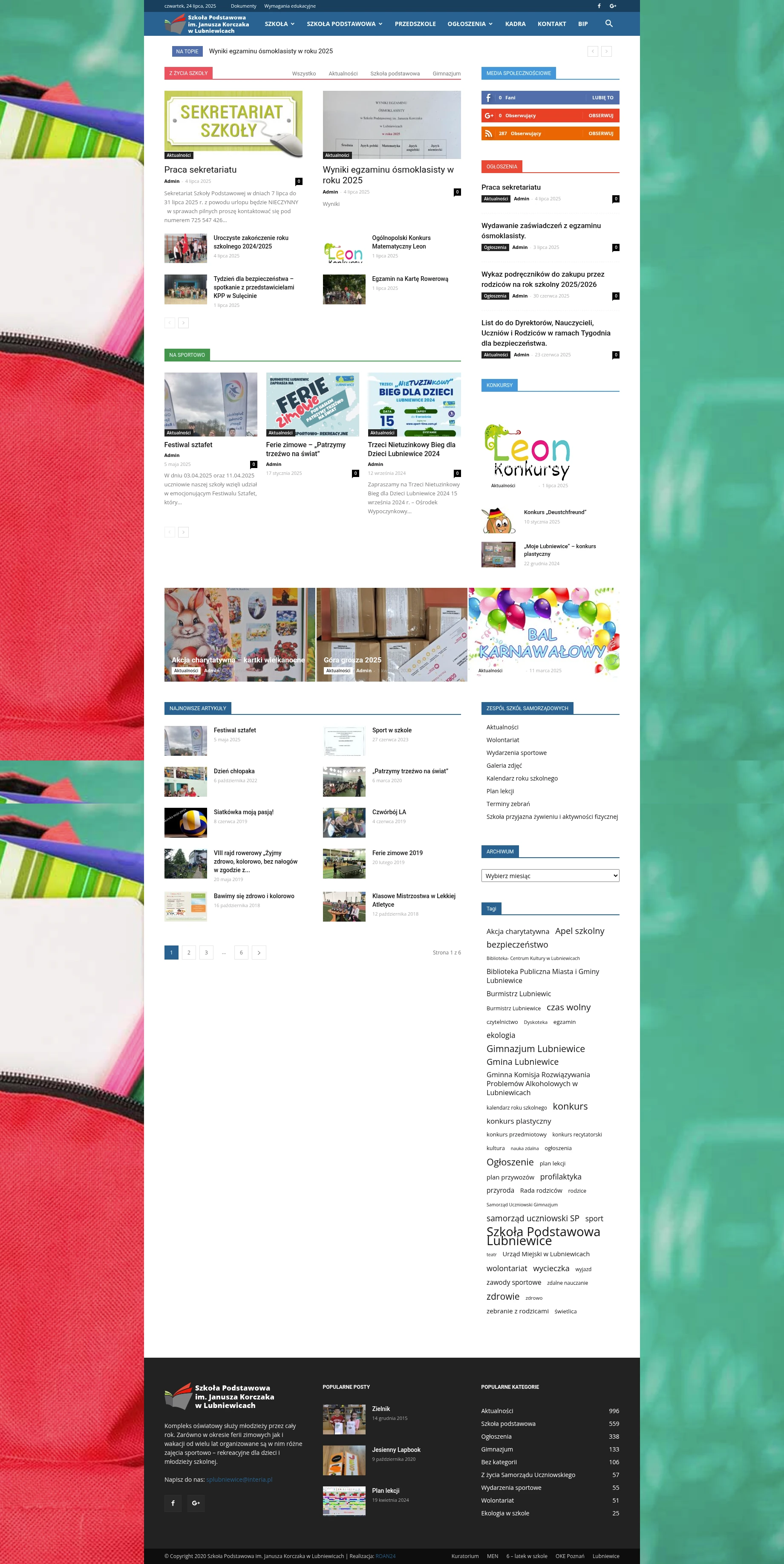 Screenshot strony internetowej Szkoły Podstawowej im. Janusza Korczaka w Lubniewicach - kompleksowa strona edukacyjna z kalendarzem, galeriami i aktualnościami