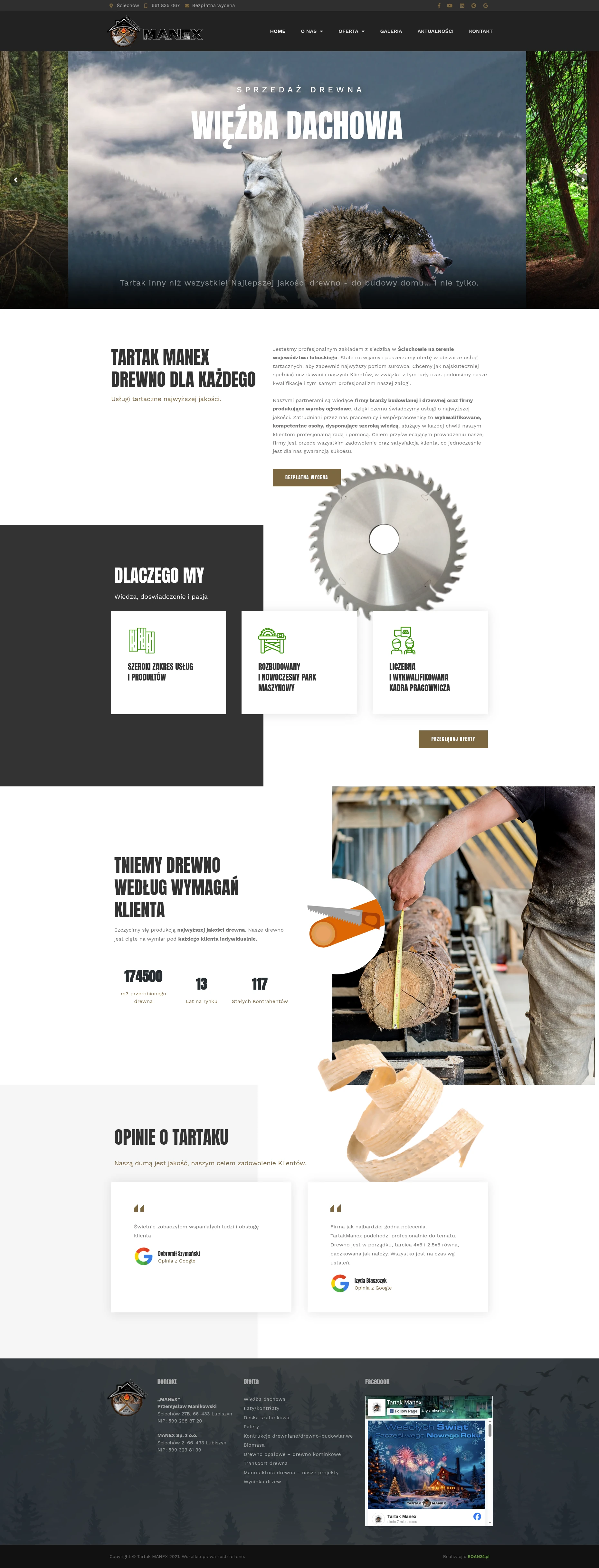 Screenshot strony internetowej Tartak Manex - profesjonalny zakład tartaczny ze Ściechowa w woj. lubuskim oferujący drewno najwyższej jakości cięte na wymiar z indywidualnym podejściem do klienta