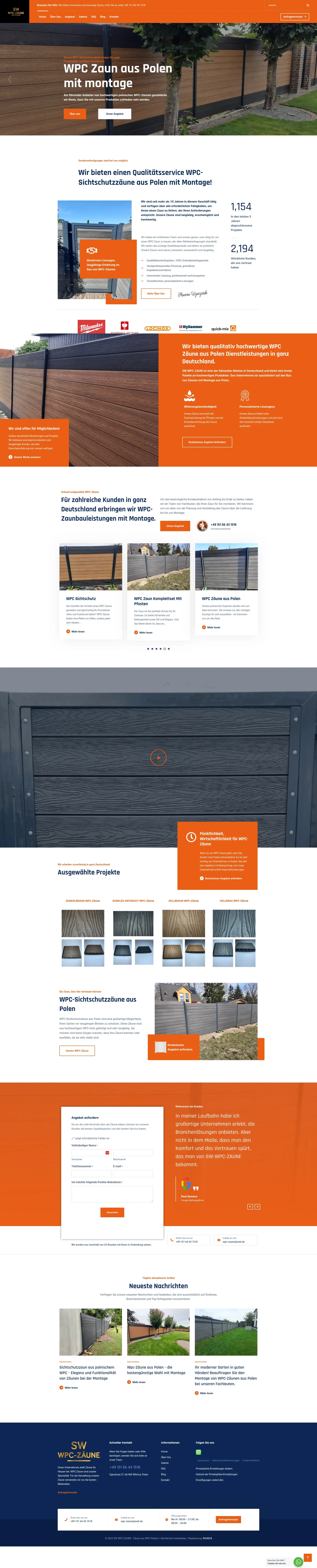 Screenshot strony internetowej SW-WPC Sławomir Wysoczański - specjalistyczna strona producenta ogrodzeń WPC z montażem dla rynku niemieckiego, prezentująca statystyki realizacji
