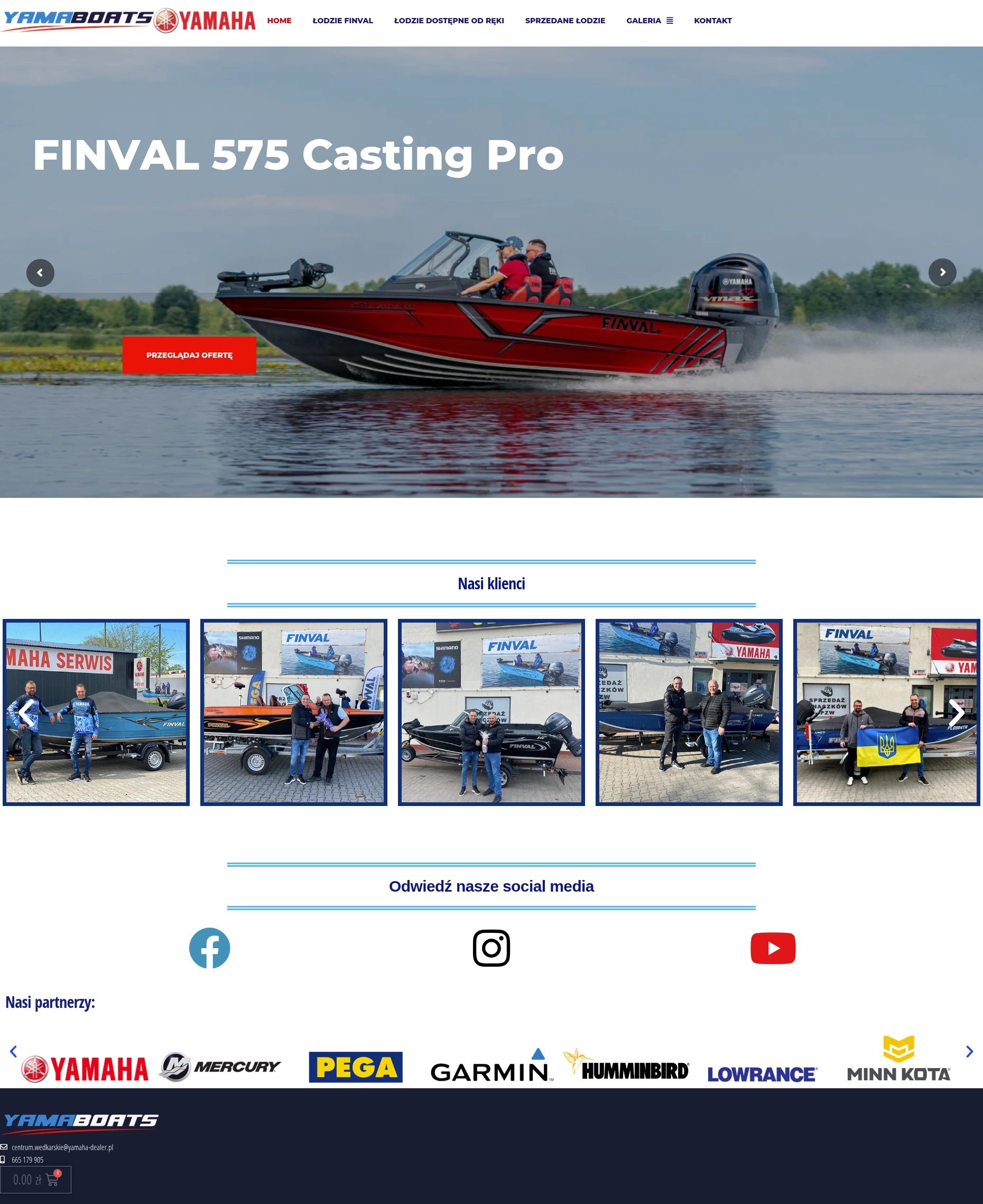 Screenshot strony internetowej Yama Boats - specjalistyczny salon sprzedaży łodzi Finval z ofertą e-commerce, łodzie wędkarskie dostępne od ręki, profesjonalny serwis i centrum wędkarskie