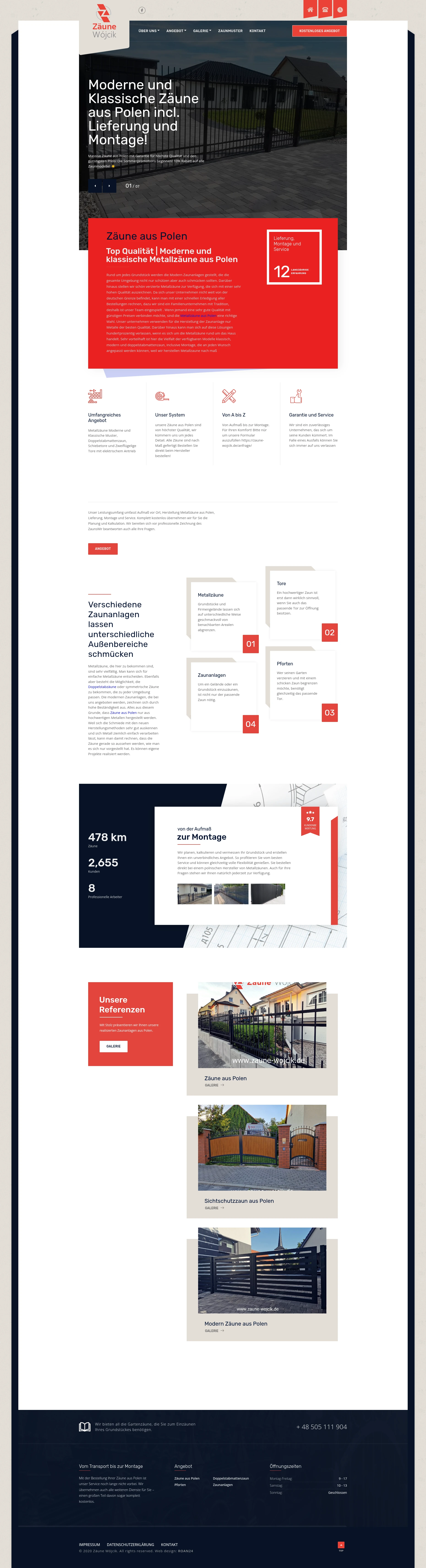Screenshot strony internetowej Zäune Wojcik - polska rodzinna firma z tradycją produkująca masywne ogrodzenia metalowe dla rynku niemieckiego, obsługa w całych Niemczech z gwarancją najwyższej jakości