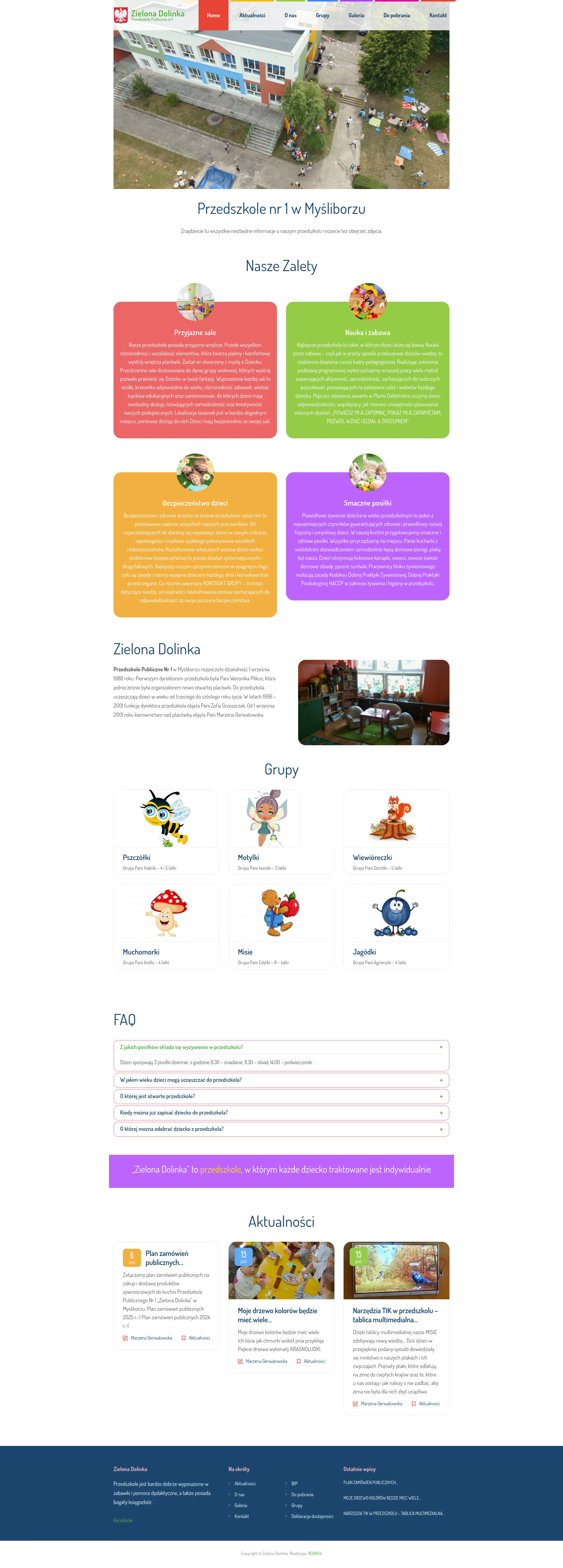 Screenshot strony internetowej Przedszkola Publicznego Nr 1 Zielona Dolinka w Myśliborzu - tradycyjna placówka edukacyjna z 1988 roku oferująca indywidualne podejście, nowoczesne technologie i kompleksową opiekę