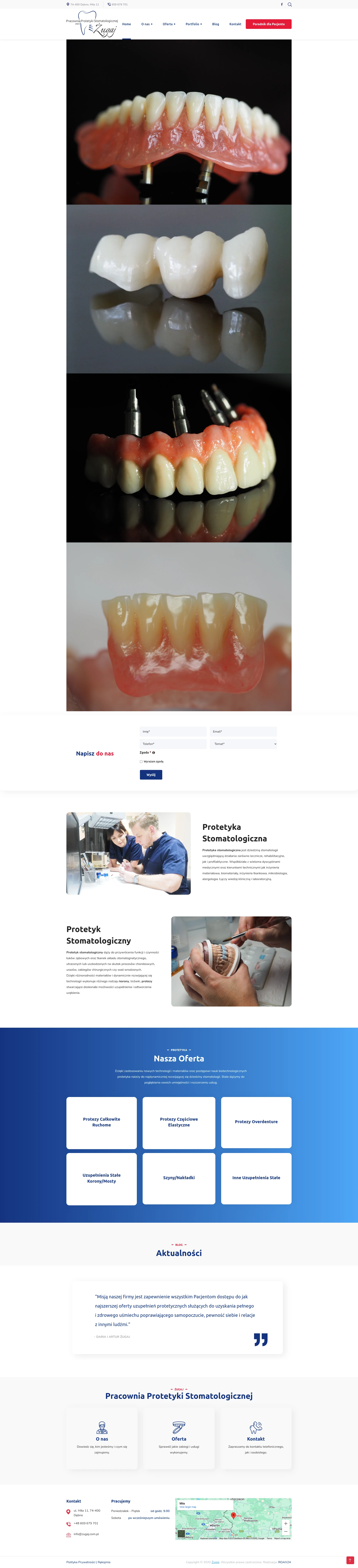 Screenshot strony internetowej Pracowni Protetyki Stomatologicznej Żugaj - specjalistyczna placówka łącząca działania lecznicze, rehabilitacyjne i profilaktyczne z interdyscyplinarnym podejściem medycznym