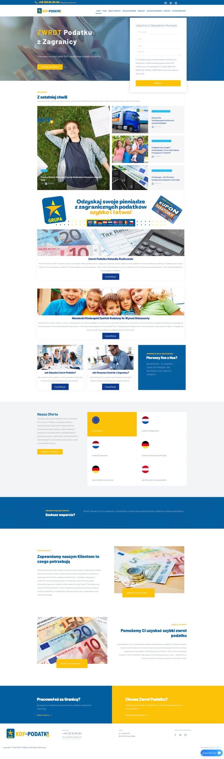 Strona internetowa firmy KDF-Podatki zaprojektowana przez CREATIONX, oferująca usługi związane ze zwrotem podatku z zagranicy, poradami podatkowymi oraz informacjami dla osób pracujących za granicą. ​​