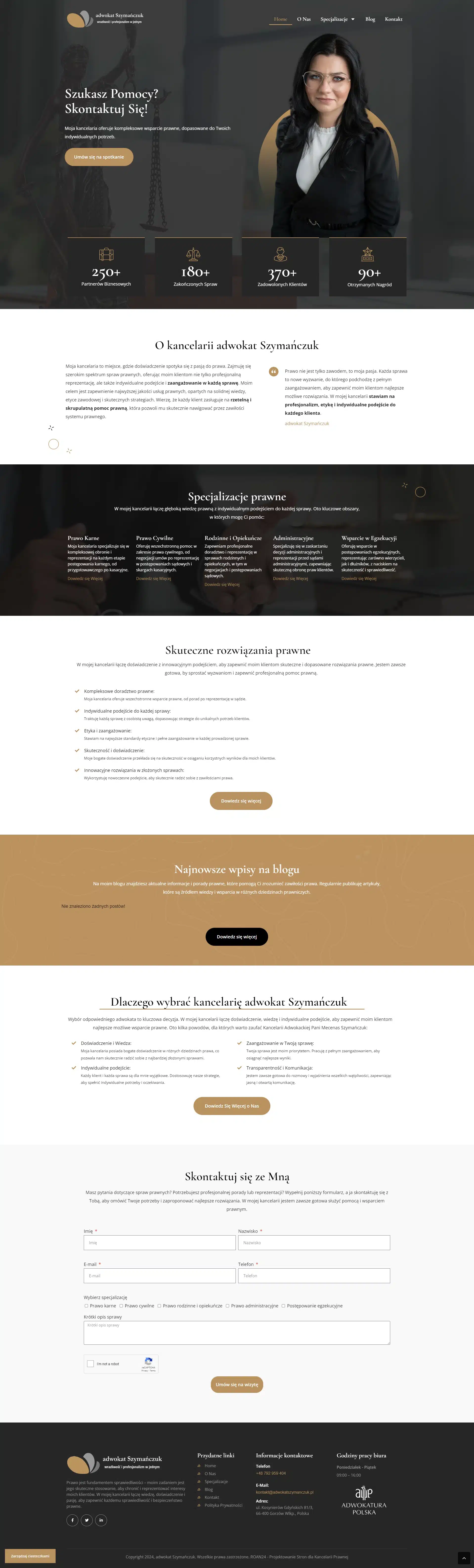 Strona internetowa kancelarii adwokackiej adwokat Szymańczuk zaprojektowana przez CREATIONX, przedstawiająca ofertę usług prawnych, specjalizacje oraz informacje o działalności i kontakt. 