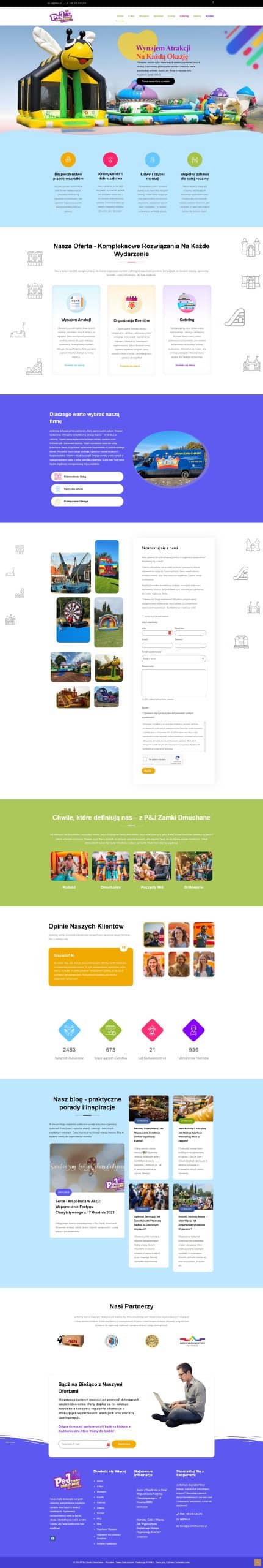 Strona internetowa firmy P&J Zamki Dmuchane zaprojektowana przez CREATIONX, oferująca wynajem atrakcji dmuchanych na różne okazje, takie jak urodziny, festyny, eventy firmowe i inne. Prezentuje dostępne atrakcje, galerię zdjęć, opinie klientów oraz informacje kontaktowe.
