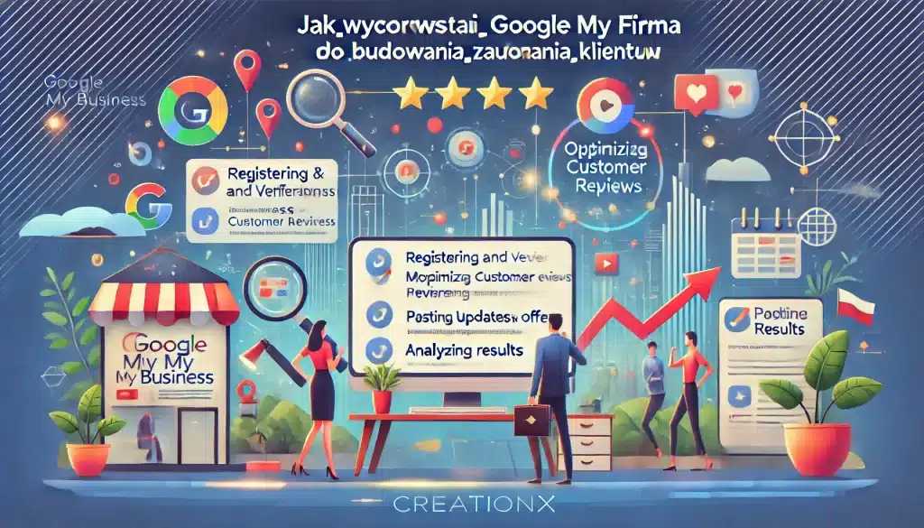 Ilustracja przedstawia, jak wykorzystać Google Moja Firma do budowania zaufania klientów. Obraz zawiera elementy takie jak rejestracja i weryfikacja firmy, optymalizacja profilu, zarządzanie opiniami klientów, publikowanie postów i ofert oraz analiza wyników. Tło to dynamiczny, cyfrowy krajobraz, podkreślający kompleksowy proces zarządzania wizerunkiem firmy online. Nazwa firmy creationX jest wyraźnie widoczna.