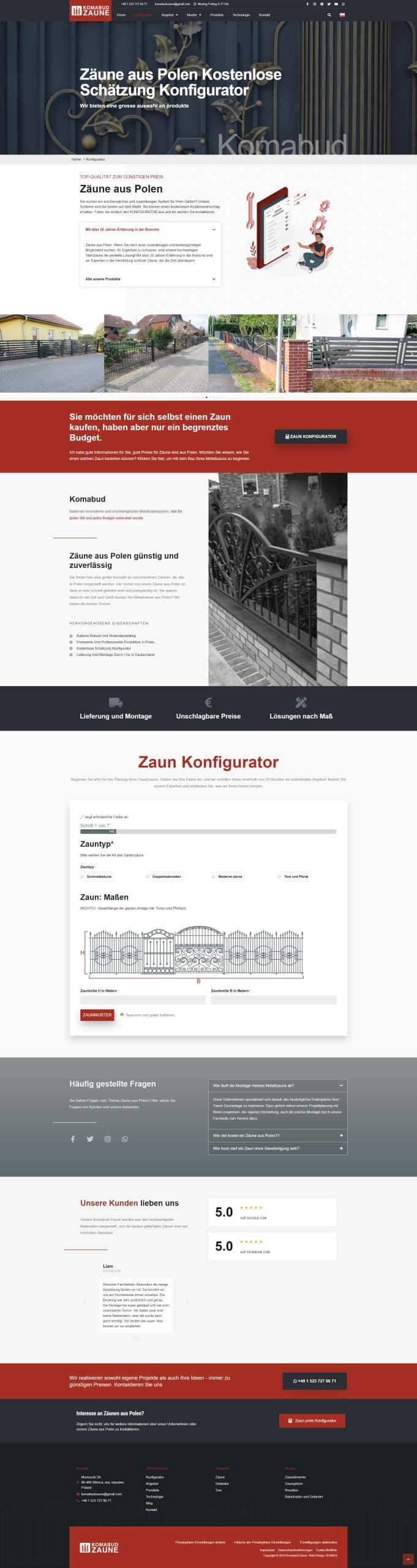 Strona Konfigurator ogrodzeń stworzona przez creationX dla Komabud-Zaune, umożliwiająca klientom personalizację i wycenę ogrodzeń.