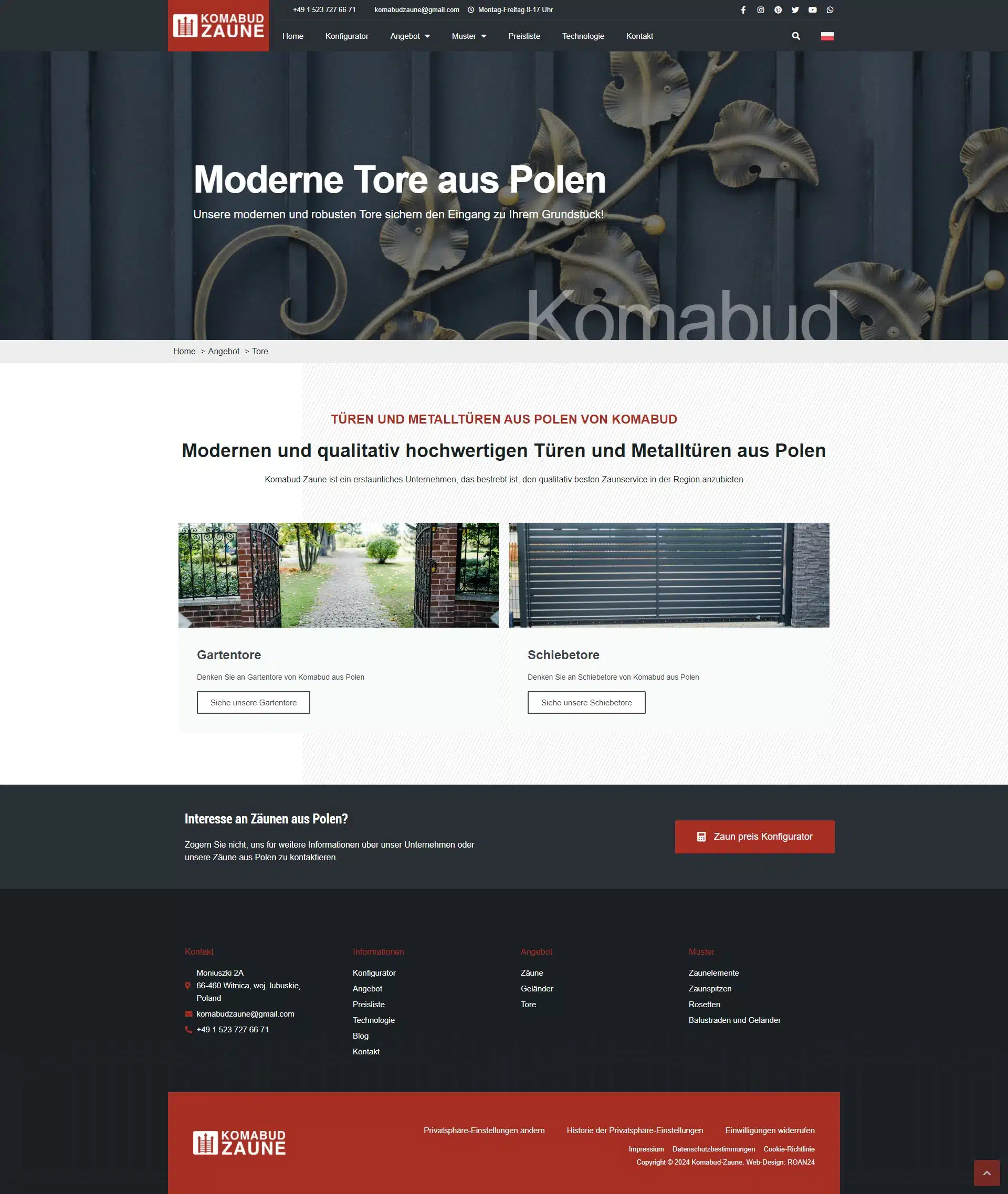 Strona Tore stworzona przez creationX dla Komabud-Zaune, oferująca różnorodne nowoczesne bramy.