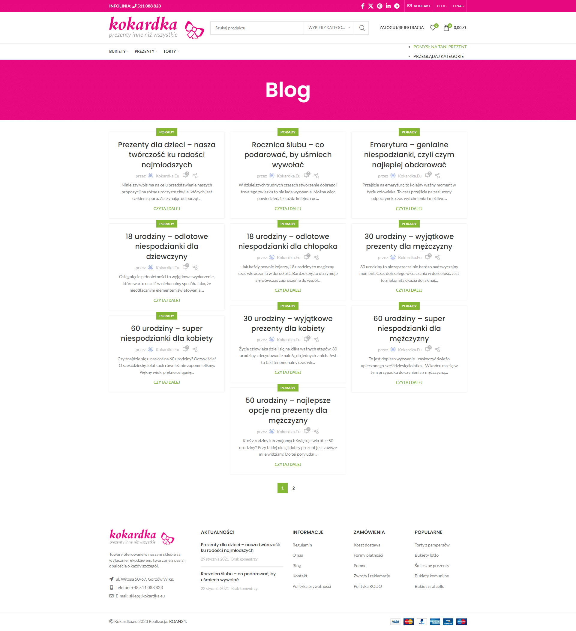 Strona bloga firmy Kokardka stworzona przez creationX, prezentująca artykuły i porady dotyczące prezentów i wyjątkowych okazji.