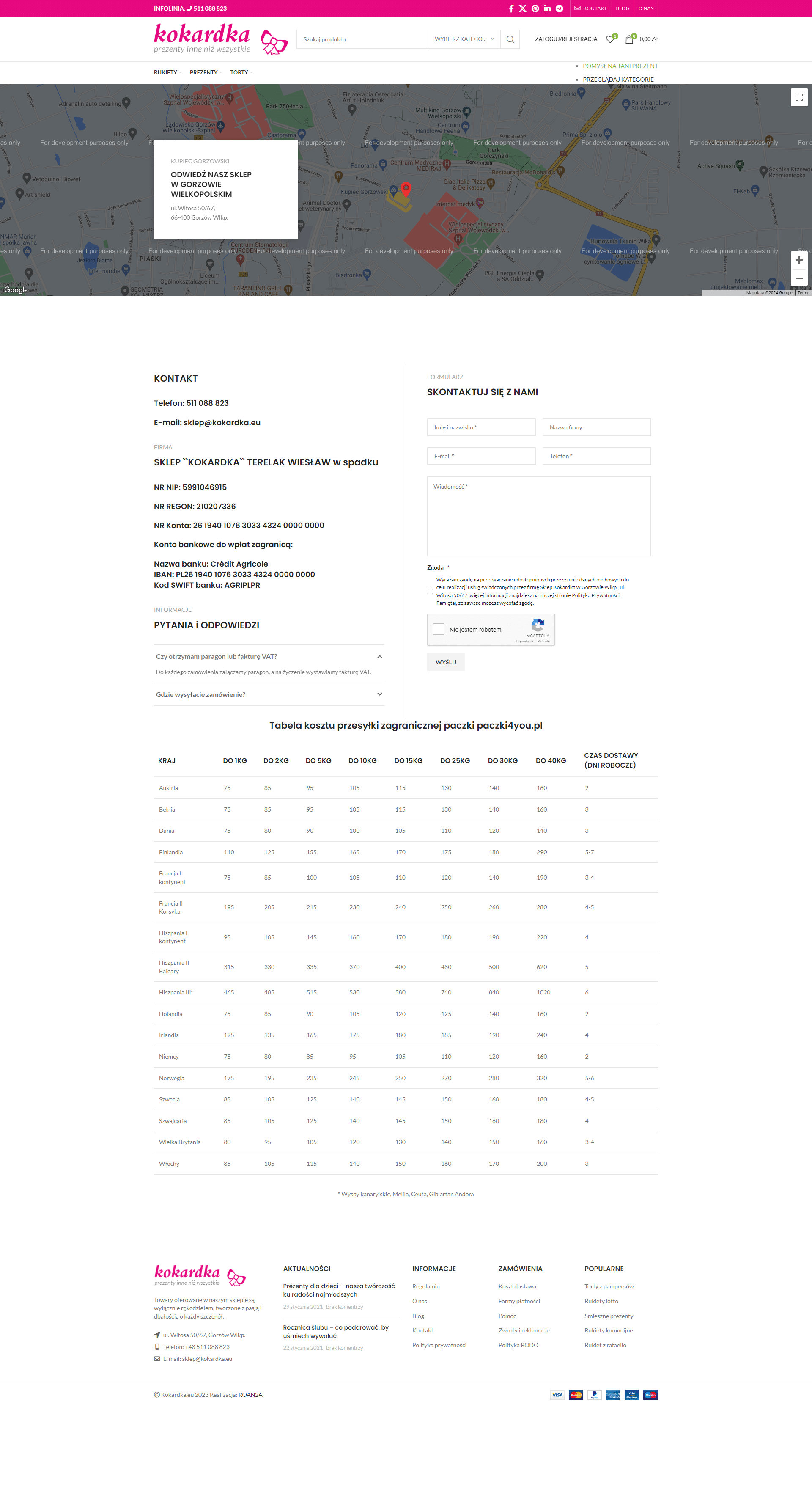 Strona kontaktu firmy Kokardka stworzona przez creationX, zawierająca informacje kontaktowe, formularz oraz mapę lokalizacyjną.