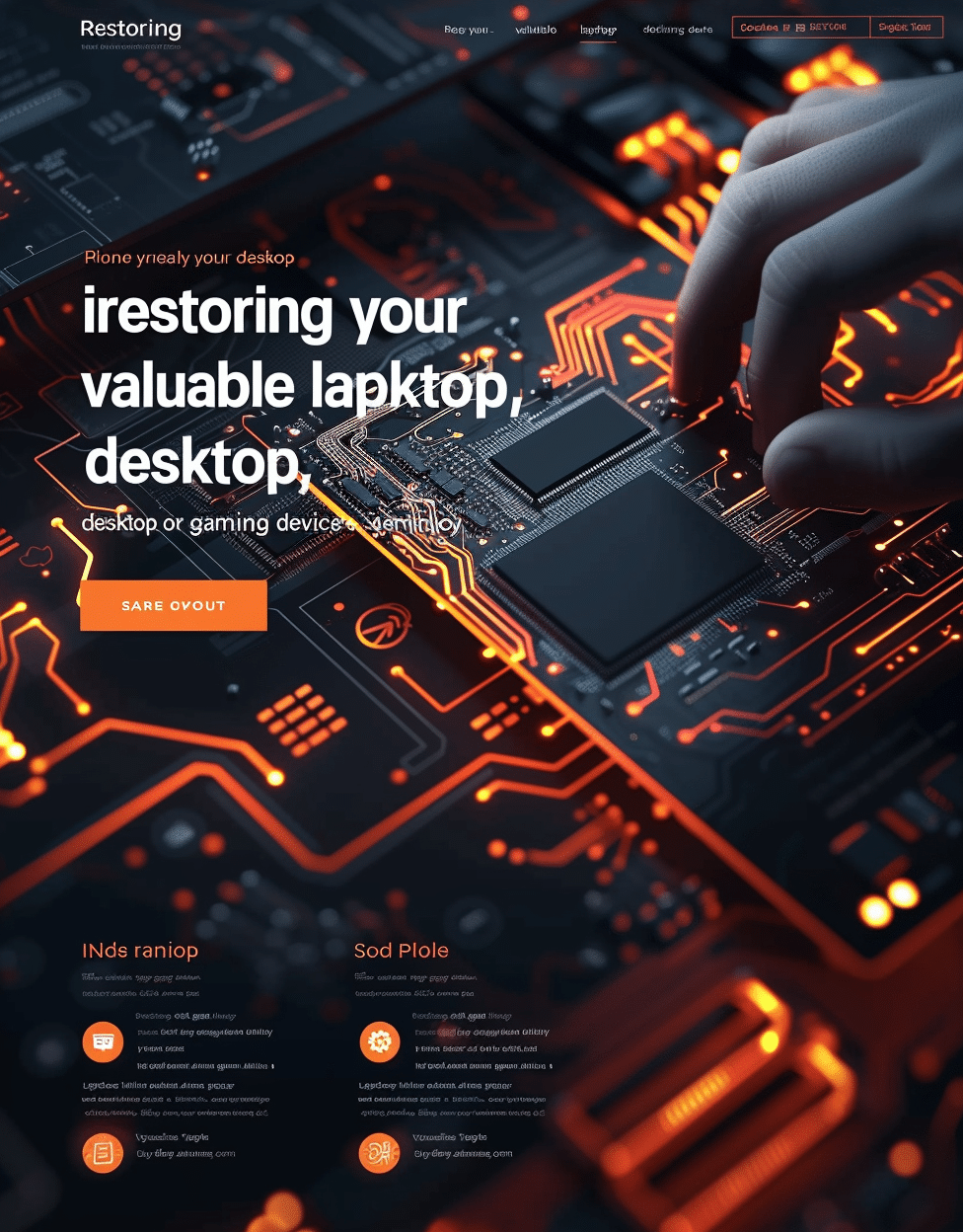 Projekt strony internetowej dla usług naprawy komputerów stworzony przez firmę CREATIONX. Strona prezentuje obraz płyty głównej z podświetleniem LED, z ręką pracownika serwisu naprawiającego elektronikę. Design strony jest utrzymany w ciemnych tonacjach z pomarańczowymi akcentami. Na stronie znajdują się sekcje z informacjami o różnych usługach naprawy, takich jak naprawa laptopów, komputerów stacjonarnych oraz urządzeń gamingowych. Strona zawiera także szczegółowe opisy oferowanych usług, ikony przedstawiające usługi oraz przycisk wezwania do działania "Sare Ovout". Całość jest estetycznie i funkcjonalnie zaprojektowana, z przejrzystym układem i nowoczesnym wyglądem.
