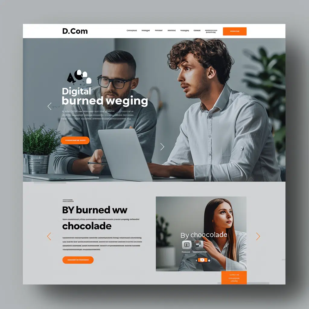 Projekt strony internetowej dla firmy zajmującej się usługami marketingowymi creationX - D.Com Marketing. Strona przedstawia dwóch mężczyzn siedzących przy laptopie, omawiających strategie marketingowe. Poniżej znajdują się sekcje z informacjami o oferowanych usługach, takich jak kampanie marketingowe, analizy rynkowe i strategie reklamowe. Strona ma nowoczesny wygląd z dominującymi odcieniami bieli i szarości oraz pomarańczowymi akcentami, co podkreśla innowacyjność i profesjonalizm creationX w dziedzinie marketingu cyfrowego.