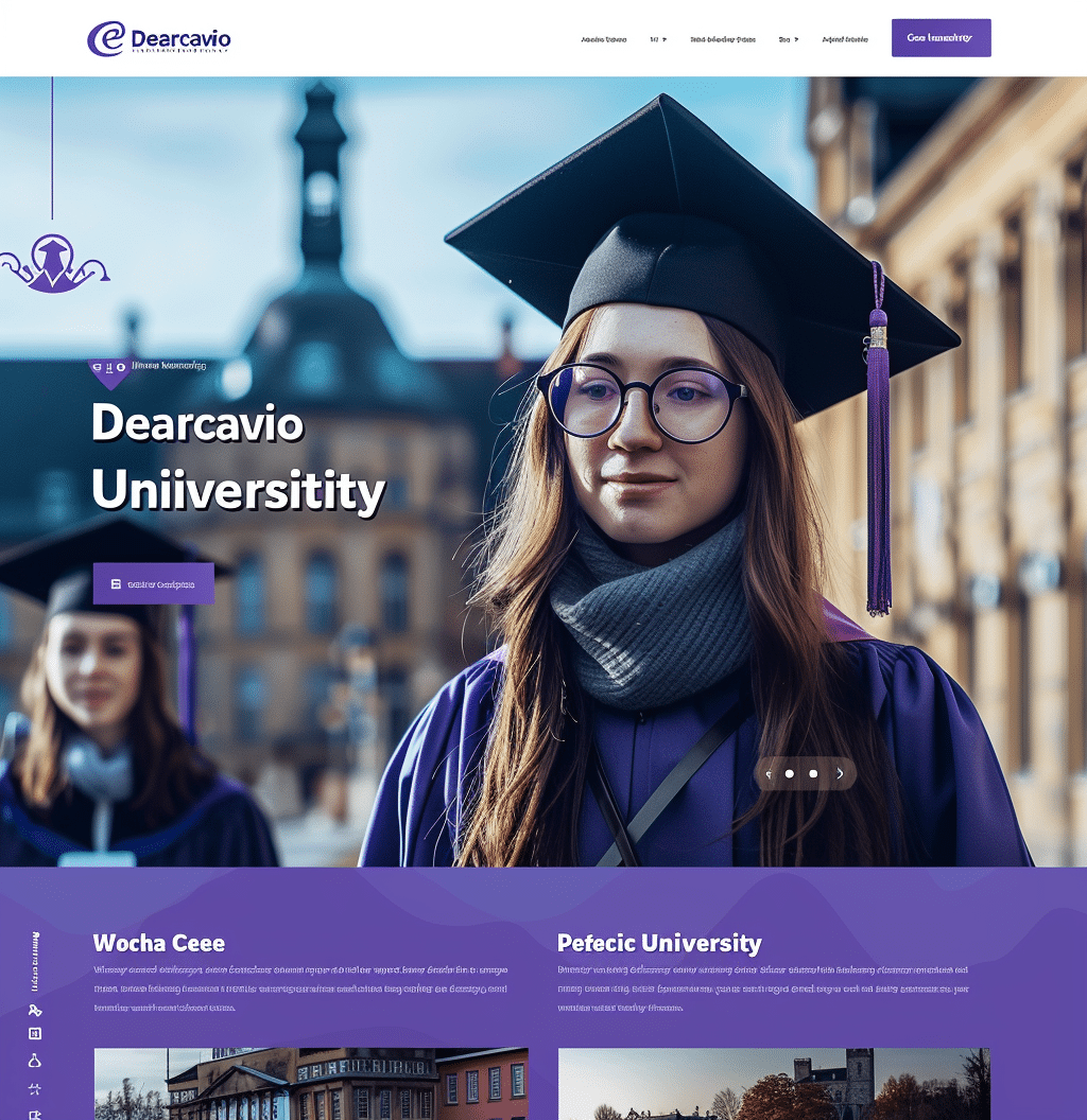 Projekt strony internetowej dla instytucji edukacyjnej creationX - Dearcavio University. Strona przedstawia studentkę w stroju absolwentki, z fioletowym biretem na głowie, na tle kampusu uniwersyteckiego. W tle widać budynki uczelni i innych studentów. Poniżej znajdują się sekcje z informacjami o różnych programach edukacyjnych, ofertach kursów i życiu studenckim. Strona ma nowoczesny wygląd z dominującymi odcieniami fioletu i bieli, co podkreśla profesjonalizm i zaangażowanie creationX w wysokiej jakości edukację.