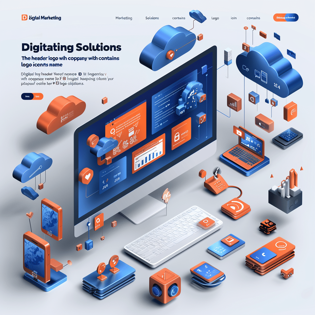 Projekt strony internetowej dla Digitating Solutions stworzony przez firmę CREATIONX. Strona przedstawia nowoczesne, trójwymiarowe ikony związane z chmurą, bezpieczeństwem danych i marketingiem cyfrowym, rozmieszczone wokół monitora. Na ekranie monitora widnieją różne statystyki i informacje o usługach marketingowych. Kolorystyka projektu to odcienie niebieskiego i pomarańczowego, które nadają stronie dynamiczny i nowoczesny wygląd.