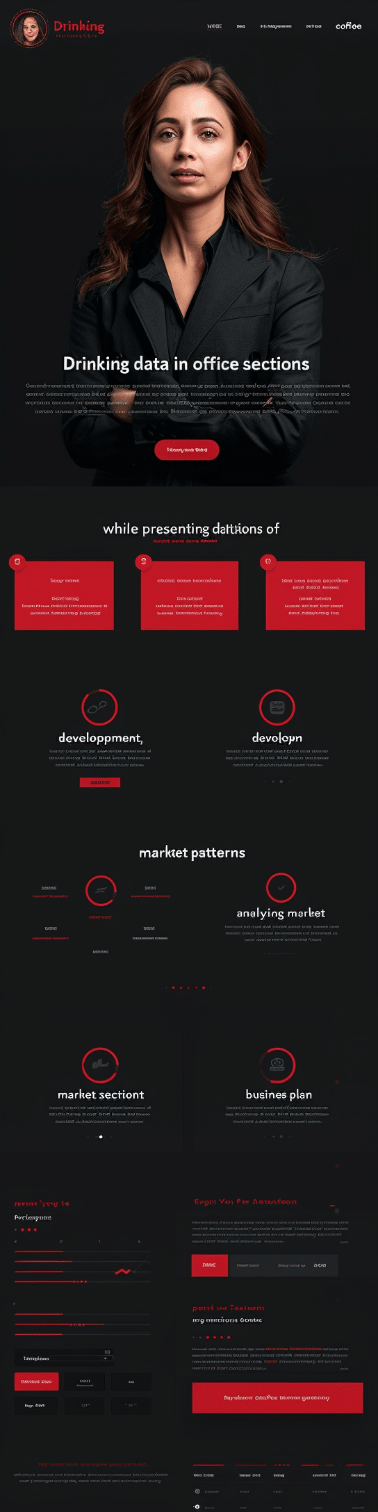 Projekt strony internetowej dla firmy zajmującej się usługami finansowymi oraz księgowością creationX - Dominankeur Services. Strona przedstawia profesjonalnie wyglądającą kobietę w ciemnym stroju na tle czarnego tła. Poniżej znajdują się sekcje z informacjami o oferowanych usługach, takich jak rozwój biznesu, analiza rynkowa, planowanie strategiczne i usługi księgowe. Strona ma nowoczesny wygląd z dominującymi odcieniami czerni i czerwieni, co podkreśla profesjonalizm i zaangażowanie creationX w dostarczanie najwyższej jakości usług finansowych i księgowych.