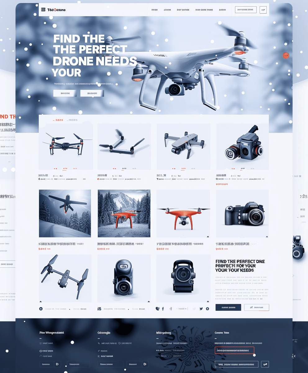 Projekt strony internetowej dla serwisu z kamerami dronów stworzony przez firmę CREATIONX. Strona prezentuje różne modele dronów i sprzętu fotograficznego w zimowej scenerii. Projekt zawiera sekcje z produktami, ich opisami i cenami, a także funkcje wyszukiwania i filtrowania. Strona charakteryzuje się nowoczesnym designem, czystym układem graficznym i zaawansowaną prezentacją wizualną, podkreślającą profesjonalizm oferowanych produktów i usług.