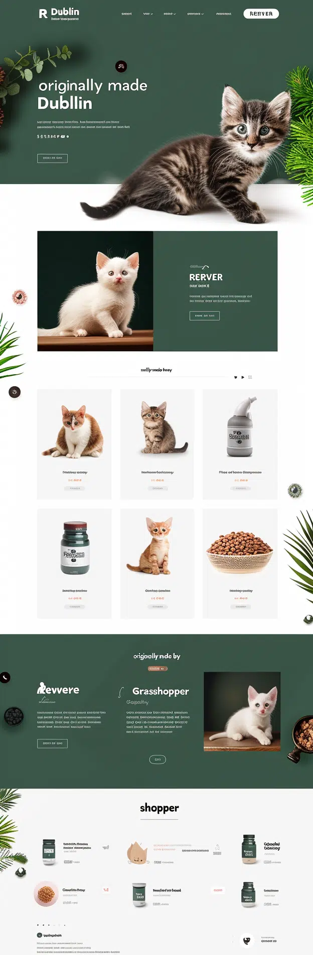 Projekt strony internetowej dla usług dla zwierząt stworzony przez firmę CREATIONX, przedstawiający usługi i produkty dla kotów. Strona główna zawiera zdjęcie kota w centrum oraz różne sekcje informacyjne dotyczące oferowanych usług i produktów. Główne kolory to zielony i biały, co nadaje stronie świeży i przyjazny wygląd.