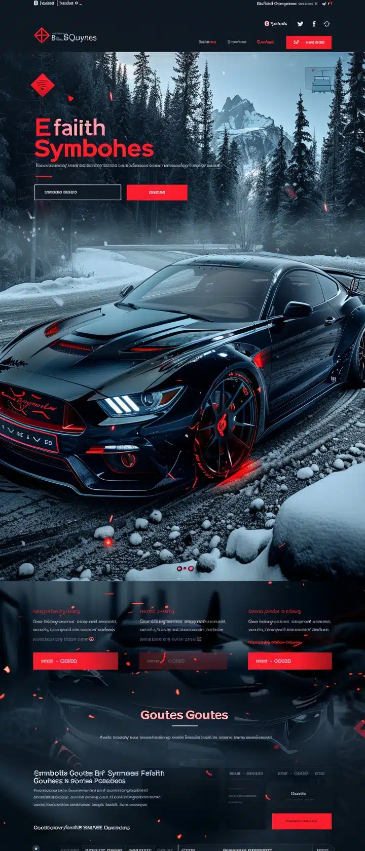 Projekt strony internetowej dla usług transportowych stworzony przez firmę CREATIONX, przedstawiający sportowy samochód na zimowym tle. Strona zawiera sekcje prezentujące różne modele pojazdów, ich specyfikacje oraz usługi związane z transportem. Dominują ciemne tła z czerwonymi akcentami, podkreślające dynamiczny i nowoczesny charakter oferty.