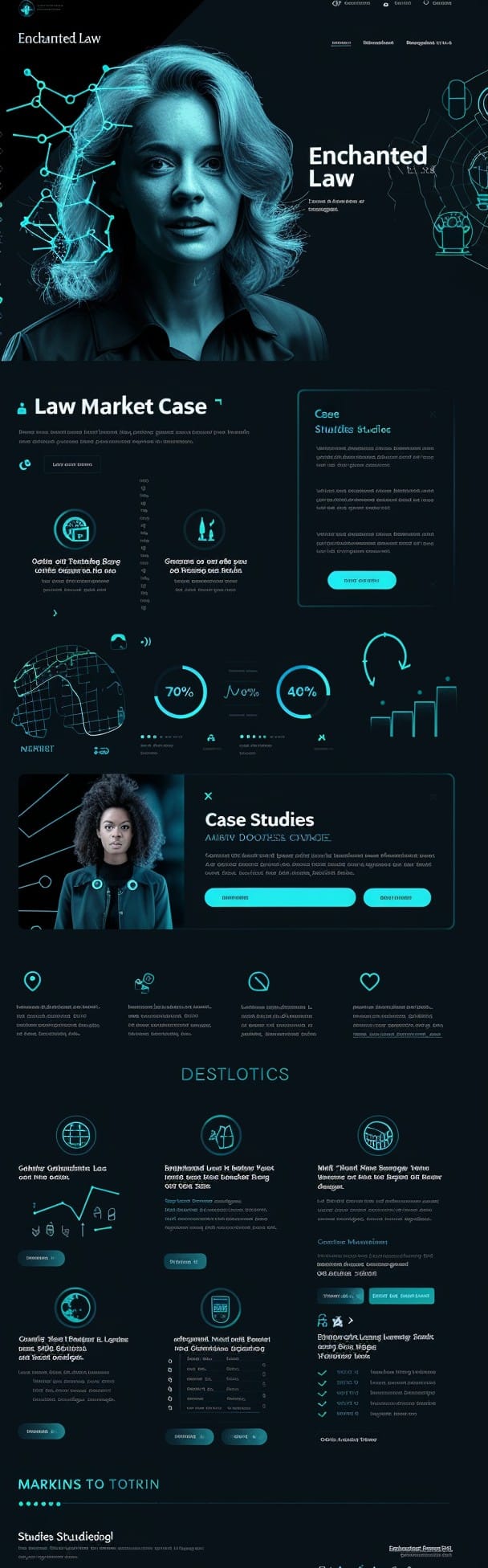 Projekt strony internetowej dla usług finansowych i księgowych Enchanted Law stworzony przez firmę CREATIONX. Strona prezentuje nowoczesny wygląd z elementami graficznymi dotyczącymi analizy danych i technologii, oferując usługi doradcze, analizy rynku i rozwój biznesu. Strona zawiera interaktywne elementy, informacje o usługach oraz opcje kontaktu, przyciągając uwagę swoim innowacyjnym i eleganckim designem.