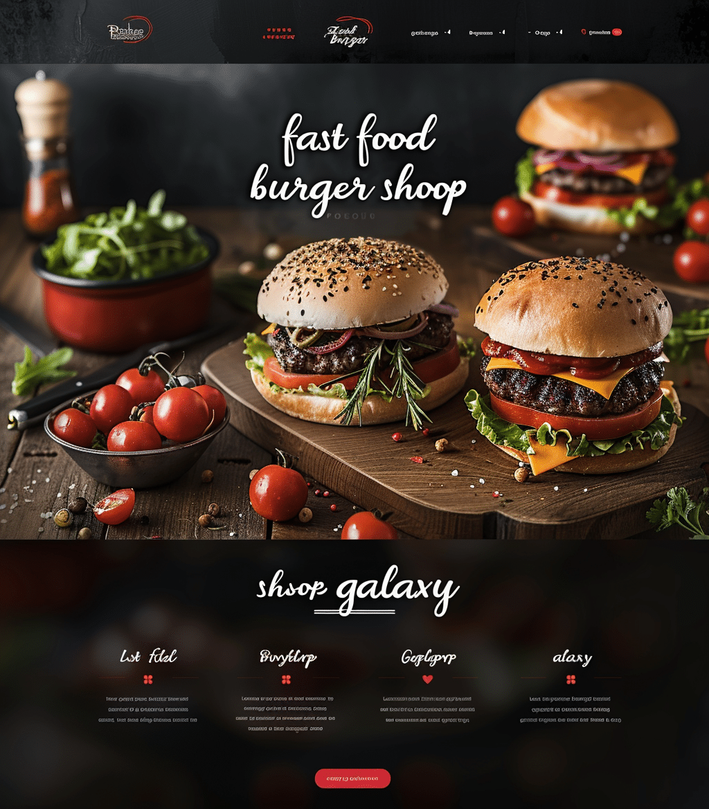 Projekt strony internetowej dla firmy zajmującej się usługami cateringowymi creationX - Fast Food Burger Shop. Strona ma apetyczny i nowoczesny wygląd z dominującymi zdjęciami soczystych burgerów udekorowanych świeżymi składnikami, takimi jak sałata, pomidory i zioła. Na głównym zdjęciu widoczne są trzy różne burgery na drewnianej desce, otoczone dodatkami jak pomidorki koktajlowe i przyprawy. Strona zawiera również informacje o ofercie i sekcji z dodatkowymi usługami cateringowymi. Kolorystyka strony jest ciemna z czerwonymi akcentami, co dodaje elegancji i profesjonalizmu.