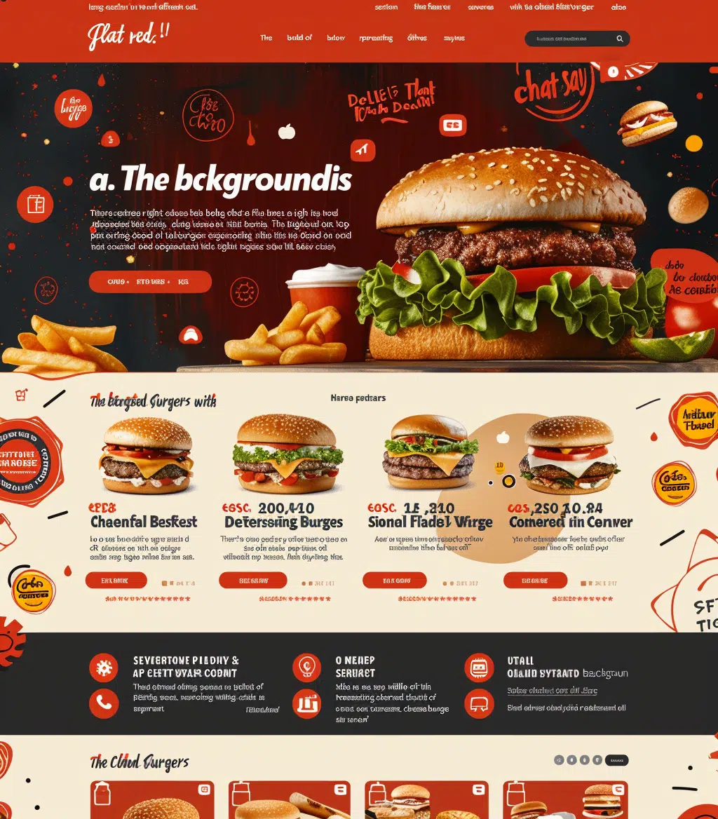 Projekt strony internetowej dla usług cateringowych stworzony przez firmę CREATIONX. Strona prezentuje nowoczesny design z dominującymi kolorami czerwonym i kremowym, przedstawiającymi apetyczne burgery i frytki. Na stronie znajdują się sekcje z ofertą burgerów, promocjami, informacjami kontaktowymi oraz opisami produktów. Strona ma atrakcyjne grafiki, które podkreślają świeżość i smakowitość oferowanych fast foodów.