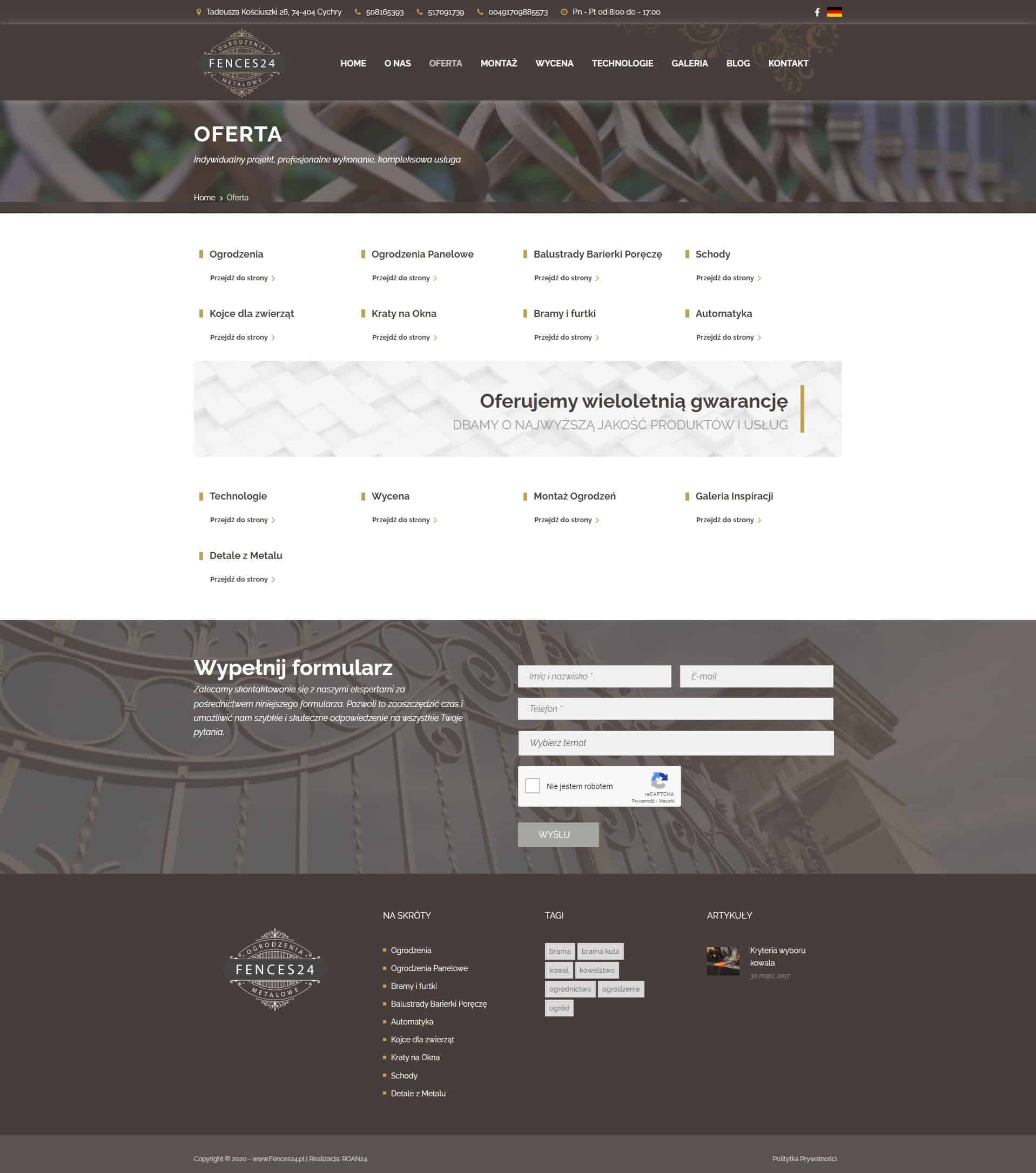 CREATIONX projekt dla Fences24 - Strona Oferta prezentująca pełen zakres usług i produktów.