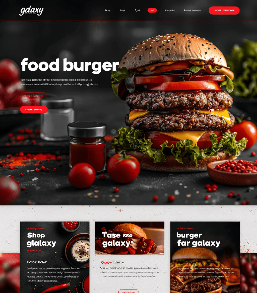 Projekt strony internetowej dla firmy zajmującej się usługami cateringowymi creationX - Food Burger Shop. Strona prezentuje soczystego, wielowarstwowego burgera z serem, pomidorami i sałatą na pierwszym planie, otoczonego przyprawami i pomidorkami koktajlowymi. Poniżej znajdują się sekcje z informacjami o różnych produktach i usługach oferowanych przez firmę. Strona jest utrzymana w kolorystyce ciemnej z czerwonymi akcentami, co dodaje jej nowoczesnego i apetycznego wyglądu, idealnie oddając charakter fast foodowego biznesu.