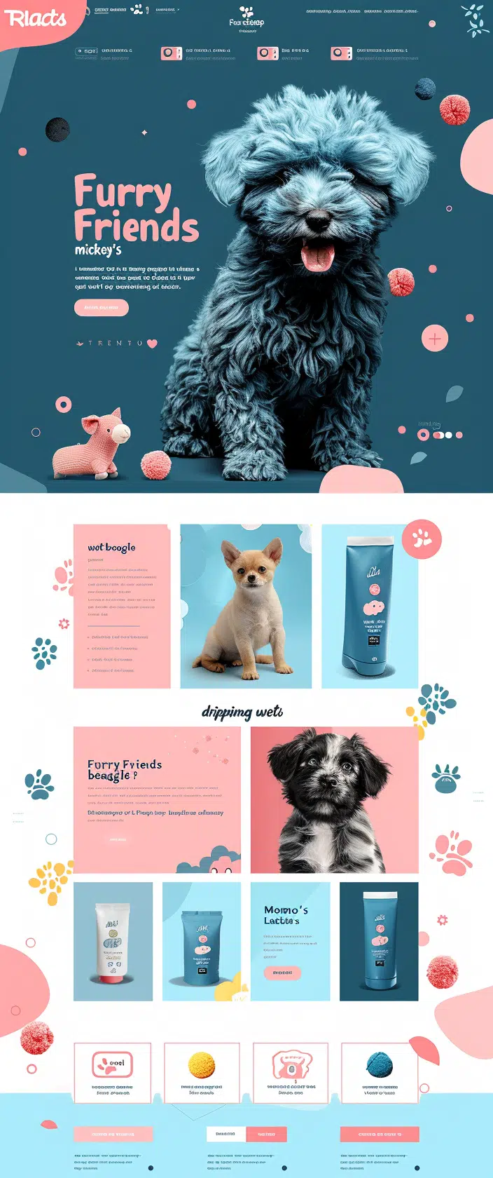 Projekt strony internetowej dla usług dla zwierząt stworzony przez firmę CREATIONX, przedstawiający kolorową stronę główną z psem na pierwszym planie oraz różne sekcje informacyjne dotyczące produktów i usług dla psów. Strona wykorzystuje jasne kolory, takie jak niebieski, różowy i biały, aby nadać jej przyjazny i wesoły wygląd.