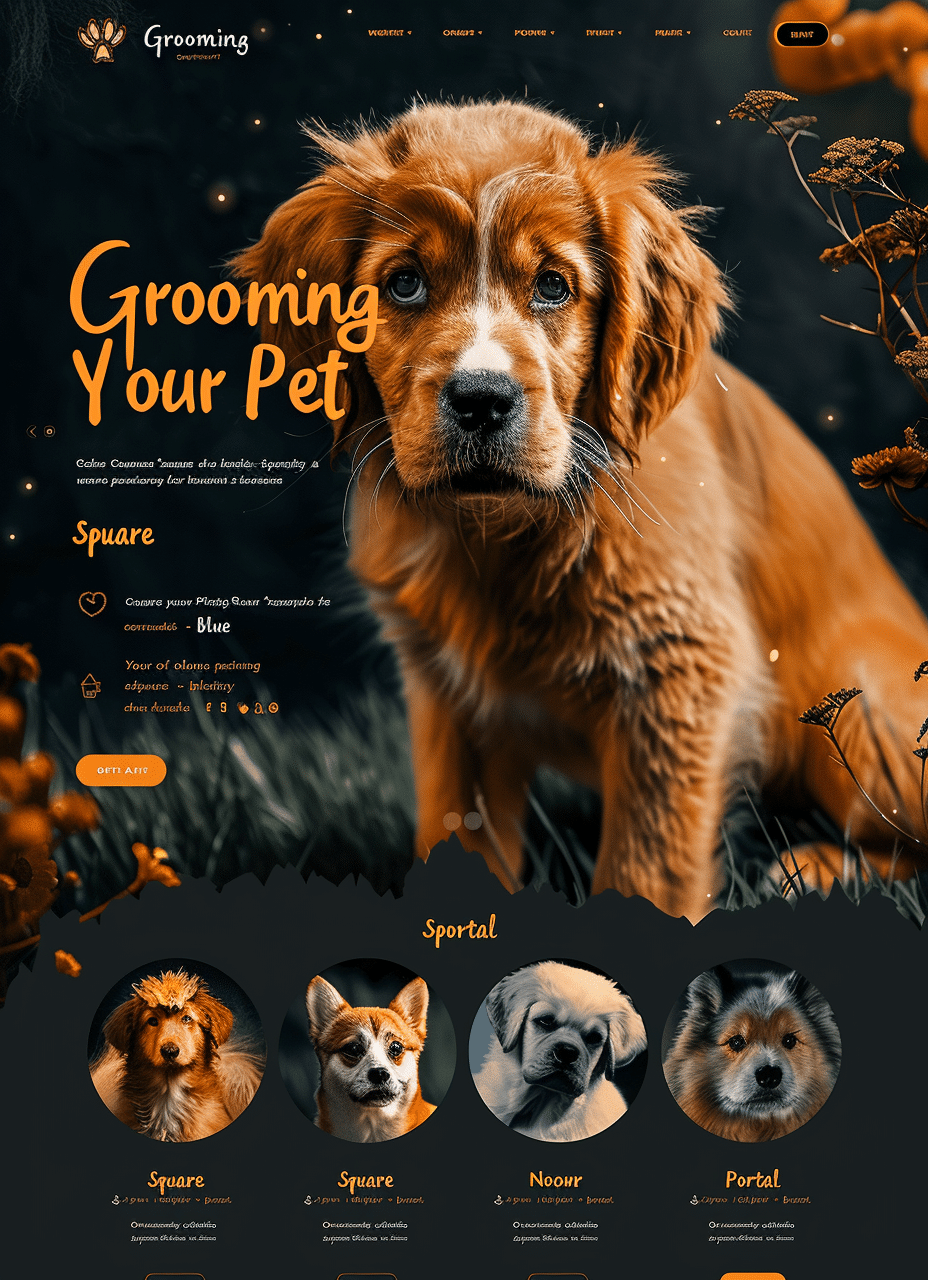 Projekt strony internetowej dla firmy zajmującej się groomingiem zwierząt creationX - Grooming Your Pet. Strona jest zaprojektowana w ciemnych odcieniach z pomarańczowymi akcentami. Główne zdjęcie przedstawia szczeniaka na tle naturalnego krajobrazu. Niżej znajdują się obrazy różnych psów w okrągłych ramkach, prezentujące różne usługi groomingowe. Strona ma elegancki i profesjonalny wygląd, podkreślający dbałość creationX o najwyższą jakość usług pielęgnacyjnych dla zwierząt domowych.