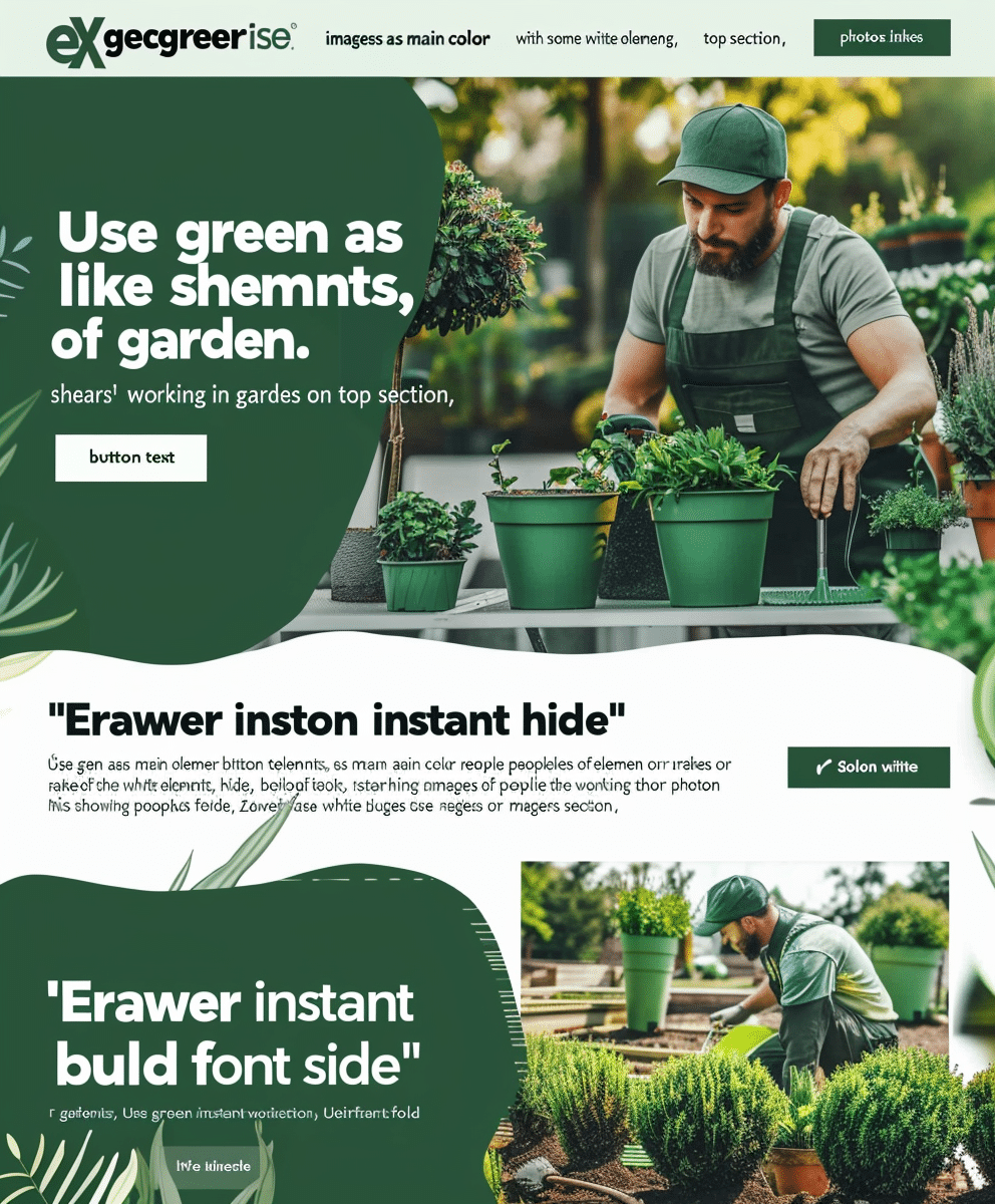 Projekt strony internetowej dla firmy zajmującej się usługami ogrodniczymi creationX - Home Gardening Solutions. Strona przedstawia mężczyznę w zielonym ubraniu, pracującego nad roślinami w ogrodzie. W tle widoczne są różnorodne rośliny doniczkowe. Strona zawiera sekcje z informacjami o oferowanych usługach ogrodniczych, takich jak projektowanie ogrodów, pielęgnacja roślin i doradztwo ogrodnicze. Kolorystyka strony opiera się na zieleni i bieli, co odzwierciedla zaangażowanie creationX w tworzenie zielonych i zdrowych przestrzeni ogrodowych.