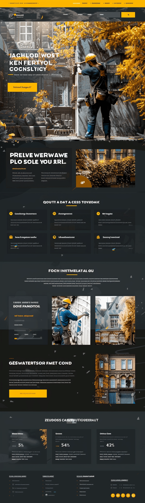 Projekt strony internetowej dla usług renowacyjnych stworzony przez firmę CREATIONX. Strona prezentuje pracownika w kasku ochronnym, wykonującego prace remontowe na zewnątrz budynku. Design strony jest utrzymany w ciemnych tonacjach z żółtymi akcentami. Na stronie znajdują się sekcje z informacjami o różnych usługach remontowych, takich jak malowanie, naprawy elewacji, instalacje i renowacje. Strona zawiera także zdjęcia budynków przed i po renowacji oraz szczegółowe opisy oferowanych usług. Całość jest estetycznie i funkcjonalnie zaprojektowana, z przejrzystym układem i nowoczesnym wyglądem.