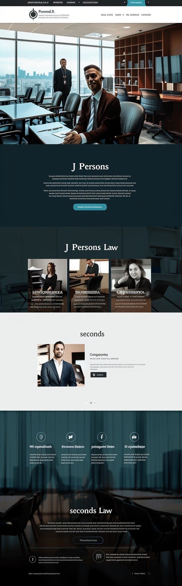Projekt strony internetowej creationX - J Persons Law, specjalizującej się w usługach finansowych oraz księgowości. Strona ma profesjonalny, nowoczesny design z dużymi zdjęciami zespołu pracującego w biurze z widokiem na miasto. Główne zdjęcie przedstawia dwóch mężczyzn w garniturach siedzących w sali konferencyjnej. Strona zawiera sekcje z informacjami o firmie, zespołem ekspertów oraz szczegółami oferowanych usług finansowych i księgowych. Całość odzwierciedla profesjonalizm i zaangażowanie creationX w dostarczanie najwyższej jakości usług.