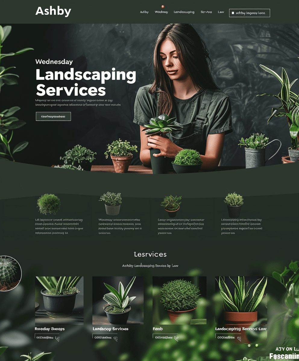 Projekt strony internetowej dla firmy zajmującej się usługami ogrodniczymi creationX - Landscaping Services. Strona przedstawia kobietę w zielonym ubraniu, trzymającą roślinę doniczkową, otoczoną różnymi roślinami w doniczkach. Poniżej znajdują się sekcje z informacjami o różnych usługach ogrodniczych, takich jak projektowanie ogrodów, pielęgnacja roślin i aranżacja zieleni. Strona ma nowoczesny wygląd z dominującymi odcieniami zieleni, co podkreśla zaangażowanie creationX w tworzenie pięknych i funkcjonalnych przestrzeni ogrodowych.