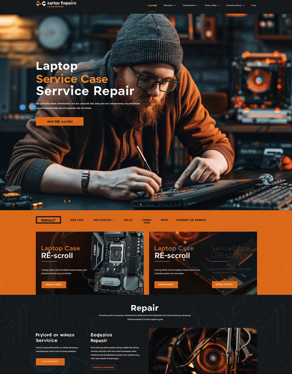 Projekt strony internetowej dla serwisu naprawy laptopów stworzony przez firmę CREATIONX. Strona przedstawia technika naprawiającego laptopa na ciemnym tle z pomarańczowymi akcentami. Tekst na stronie głosi "Laptop Service Case Service Repair". Strona posiada nowoczesny design, sekcje informacyjne dotyczące różnych usług naprawy laptopów, z przejrzystym układem graficznym, podkreślającym profesjonalny charakter oferowanych usług.