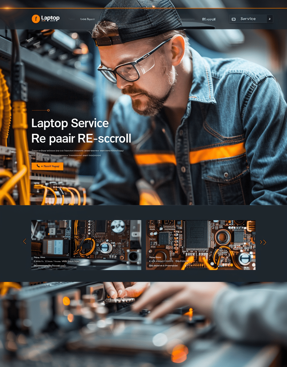 Projekt strony internetowej dla serwisu naprawy laptopów stworzony przez firmę CREATIONX. Strona przedstawia technika naprawiającego laptopa, otoczonego sprzętem serwisowym i okablowaniem. Na stronie widnieje tekst "Laptop Service Re pair RE-scscroll". Design jest nowoczesny, z pomarańczowymi akcentami na ciemnym tle, zawierający sekcje z informacjami na temat usług serwisowych, z przejrzystym układem graficznym, podkreślającym profesjonalny charakter oferowanych usług.