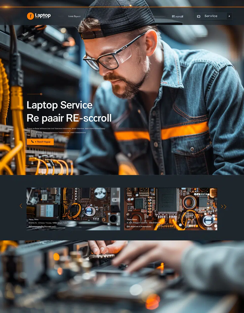 Projekt strony internetowej dla serwisu naprawy laptopów stworzony przez firmę CREATIONX. Strona przedstawia technika naprawiającego laptopa, otoczonego sprzętem serwisowym i okablowaniem. Na stronie widnieje tekst "Laptop Service Re pair RE-scscroll". Design jest nowoczesny, z pomarańczowymi akcentami na ciemnym tle, zawierający sekcje z informacjami na temat usług serwisowych, z przejrzystym układem graficznym, podkreślającym profesjonalny charakter oferowanych usług.