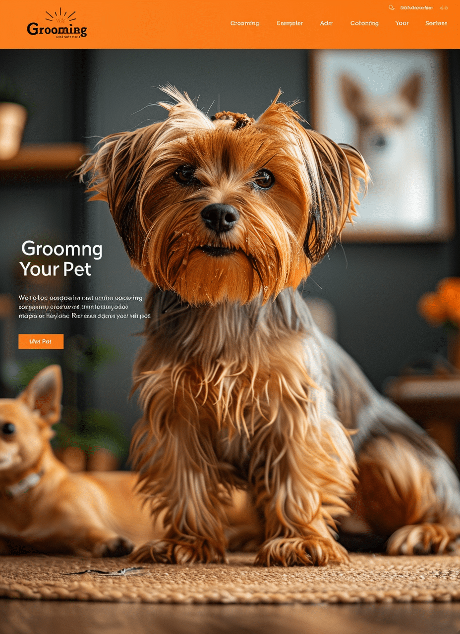 Projekt strony internetowej dla firmy zajmującej się groomingiem zwierząt creationX - Pet Grooming Services. Strona prezentuje uroczego psa rasy Yorkshire Terrier po profesjonalnej pielęgnacji, stojącego na dywanie. W tle znajduje się niewyraźny obraz innego psa oraz elementy dekoracyjne, co tworzy przyjazną i domową atmosferę. Strona ma kolorystykę pomarańczową z białymi i czarnymi elementami, co podkreśla ciepły i profesjonalny charakter usług groomingowych oferowanych przez creationX.