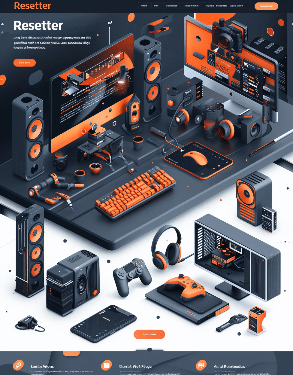 Projekt strony internetowej dla serwisu naprawy sprzętu komputerowego Resetter stworzony przez firmę CREATIONX. Strona przedstawia kompleksowy zestaw sprzętu komputerowego, w tym komputery, monitory, klawiatury, słuchawki, głośniki i inne akcesoria, w stylu izometrycznym. Design jest nowoczesny, z dominującymi kolorami pomarańczowym i ciemnym, zawierający sekcje z informacjami na temat usług serwisowych, z przejrzystym układem graficznym, podkreślającym profesjonalny charakter oferowanych usług.