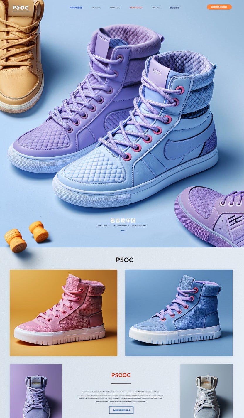 Projekt sklepu internetowego creationX - Trendy Sneakers, specjalizującego się w sprzedaży modnych sneakersów. Strona ma nowoczesny, kolorowy design z dużymi zdjęciami różnokolorowych butów sportowych. Główne zdjęcie przedstawia parę fioletowych sneakersów na jasnoniebieskim tle. Strona zawiera sekcje z różnymi modelami sneakersów, ich opisami i cenami. Całość odzwierciedla nowoczesne podejście creationX do projektowania modnych i funkcjonalnych sklepów internetowych.