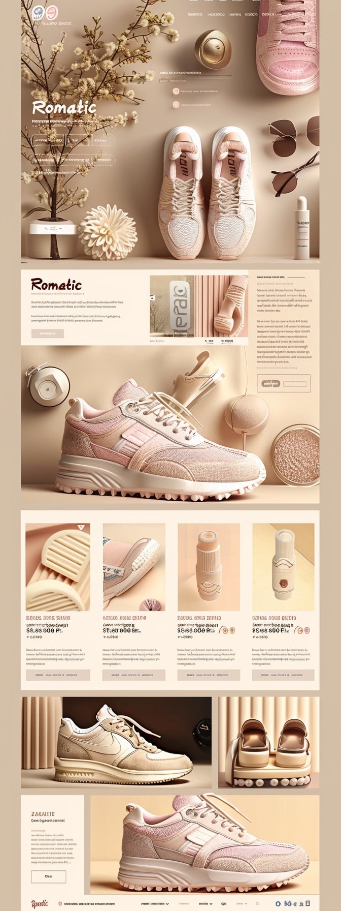 Projekt sklepu internetowego creationX - Elegant Footwear, specjalizującego się w sprzedaży eleganckiego obuwia. Strona ma delikatny, pastelowy design z dominującymi odcieniami beżu i różu. Główne zdjęcie przedstawia parę eleganckich sneakersów otoczonych akcesoriami modowymi i dekoracjami. Strona zawiera sekcje z różnymi modelami butów, ich opisami i cenami. Całość odzwierciedla nowoczesne podejście creationX do projektowania stylowych i funkcjonalnych sklepów internetowych.