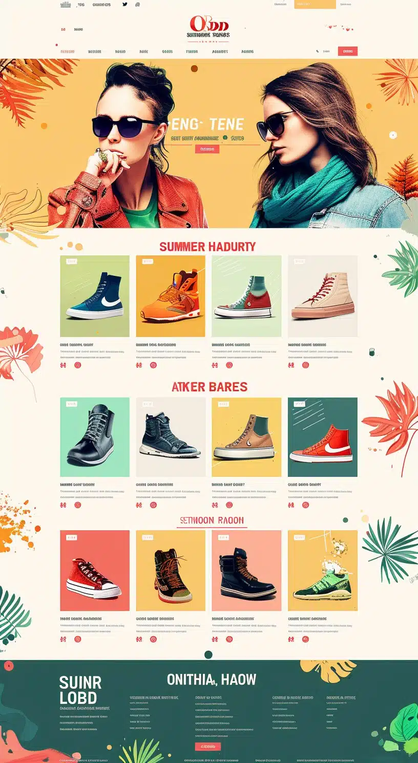 Sklep internetowy CREATIONX z modnymi butami na lato. Strona główna sklepu prezentuje kolorowe buty sportowe i casualowe na tle letnich motywów oraz zdjęcia dwóch kobiet w okularach przeciwsłonecznych. Strona zawiera sekcje z różnymi modelami butów w jasnych i żywych kolorach.