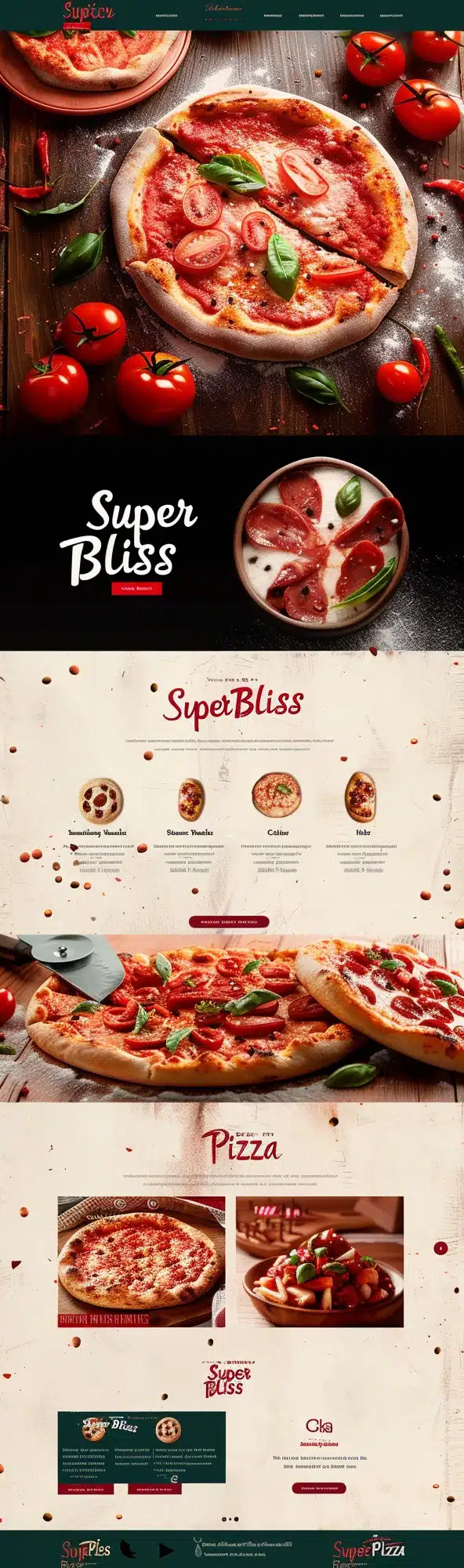 Projekt strony internetowej dla usługi gastronomicznej SuperBliss Pizza stworzony przez firmę CREATIONX. Strona prezentuje apetyczne pizze z dodatkami, takimi jak pomidory, bazylia i salami, oraz elegancki, przyciągający wzrok układ graficzny z elementami menu, informacji o produktach i możliwością zamówienia online.
