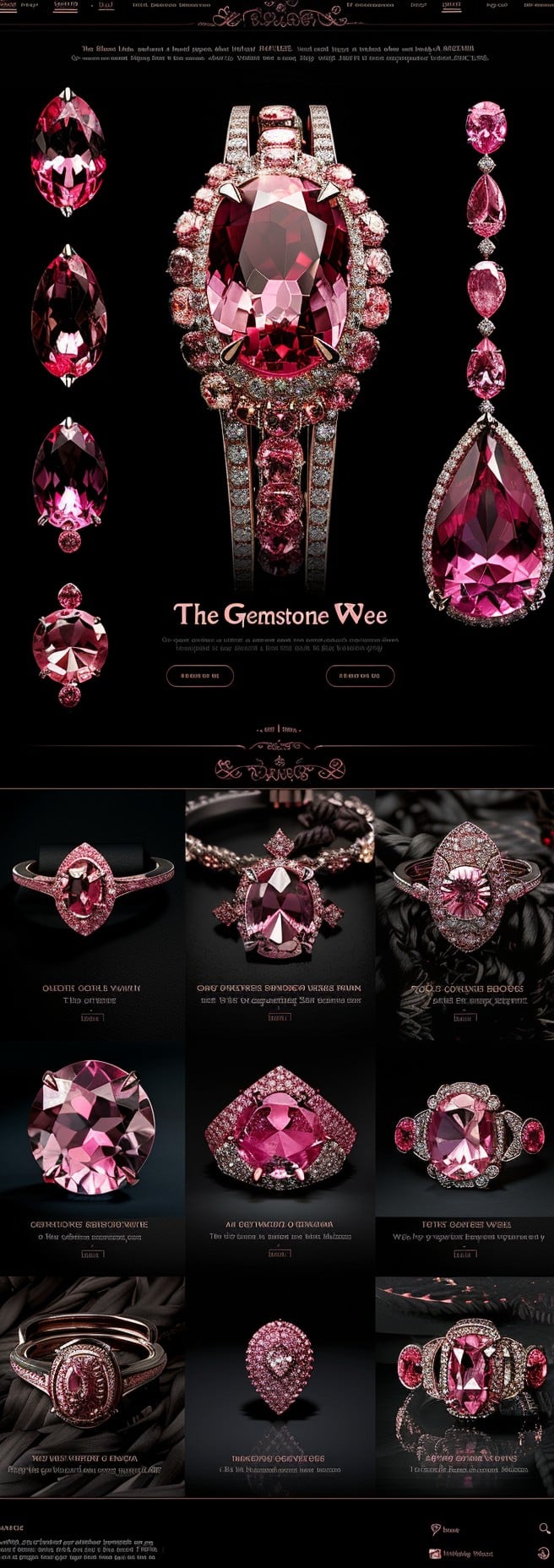 Projekt sklepu internetowego creationX - The Gemstone Collection, specjalizującego się w sprzedaży luksusowej biżuterii z różowymi kamieniami szlachetnymi. Strona ma elegancki, ciemny design z dużymi zdjęciami pierścionków, naszyjników i innych ozdób z różowymi kamieniami. Główne zdjęcie przedstawia imponujący pierścionek z dużym różowym kamieniem otoczonym mniejszymi kamieniami. Całość odzwierciedla ekskluzywny charakter i wysoką jakość biżuterii oferowanej przez creationX.