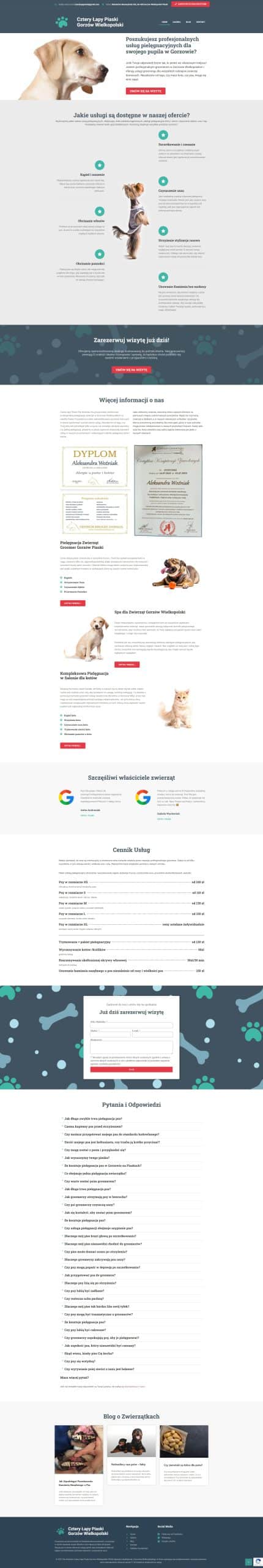 Strona internetowa "Ola Woźniak Cztery Łapy Piaski" zaprojektowana przez CREATIONX. Strona oferuje profesjonalne usługi pielęgnacyjne dla zwierząt domowych w Gorzowie Wielkopolskim. Zawiera informacje o dostępnych usługach, cennik usług, referencje oraz certyfikaty. Użytkownicy mogą znaleźć dane kontaktowe, formularz rezerwacji wizyty oraz sekcję FAQ z odpowiedziami na najczęściej zadawane pytania. Na stronie znajdują się również opinie klientów oraz blog o zwierzętach.