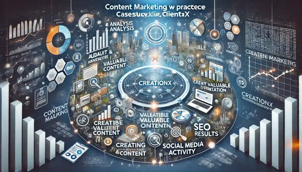 Ilustracja przedstawia sukces content marketingowy klienta CreationX. Obraz zawiera elementy takie jak audyt i analiza, tworzenie wartościowych treści, optymalizacja SEO, aktywność w mediach społecznościowych oraz wyniki i osiągnięcia. Tło to dynamiczny, cyfrowy krajobraz, podkreślający kompleksowy proces content marketingowy i zwiększanie zaangażowania użytkowników. Nazwa firmy creationX jest wyraźnie widoczna.