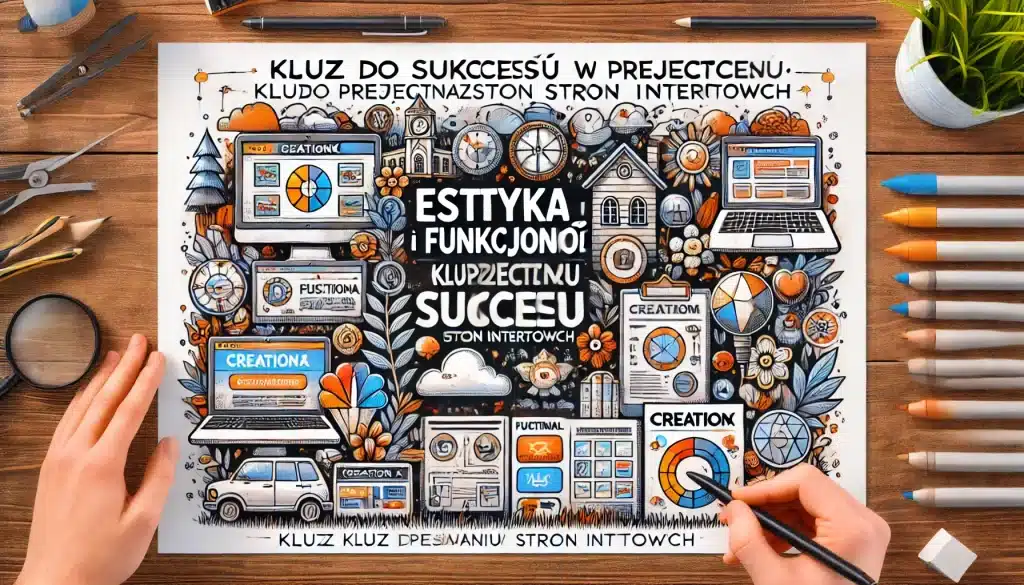 Ilustracja przedstawia temat "Estetyka i funkcjonalność: Klucz do sukcesu w projektowaniu stron internetowych". Obraz zawiera elementy takie jak wizualnie atrakcyjne układy stron internetowych, funkcjonalne cechy, intuicyjna nawigacja i responsywny design. Tło to bezproblemowa integracja piękna i praktyczności w cyfrowym krajobrazie. Nazwa firmy creationX jest wyraźnie widoczna.